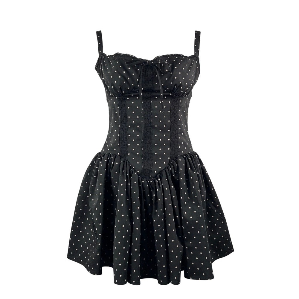 Rich & Famous Polka Dot Corset Dress sz M Black Lace Up whimsigoth pin up